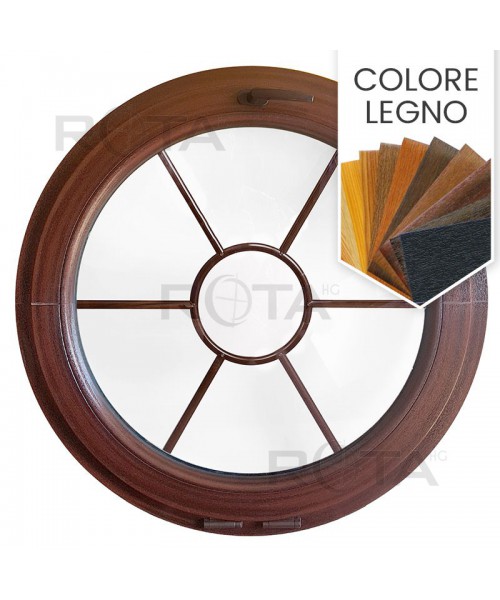 Finestra rotonda a vasistas PVC colore legno con inglesina interna motivo sole