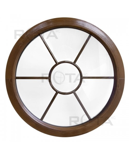 Finestra rotonda fissa PVC colore legno inglesina interna motivo sole
