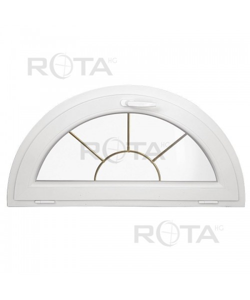 Fenêtre demi-lune à soufflet PVC blanc croisillons incorporés motif soleil