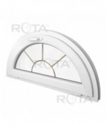 Fenêtre demi-lune à soufflet PVC blanc croisillons incorporés motif soleil