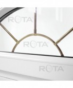 Fenêtre demi-lune à soufflet PVC blanc croisillons incorporés motif soleil