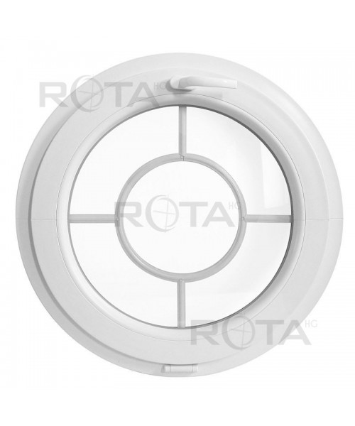 Fenêtre ronde à soufflet PVC blanc croisillons incorporés motif cible
