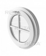 Fenêtre ronde à soufflet PVC blanc à petits carreaux rapportés